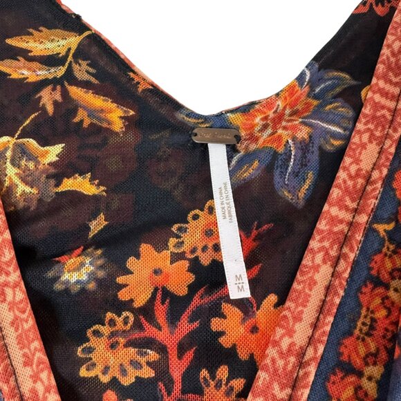 Free People Boho Floral Print Mesh Blouse Women’s Medium | Sheer Surplice V-Neck - Picture 7 of 8